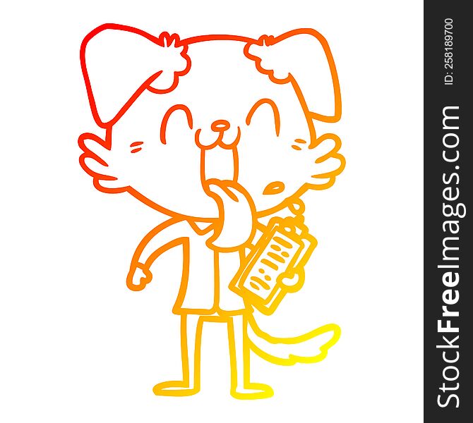 warm gradient line drawing of a cartoon panting dog with clipboard