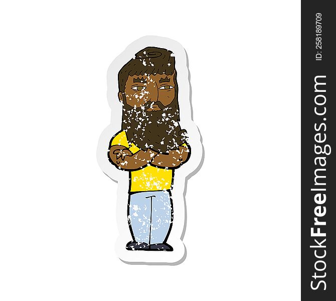 retro distressed sticker of a cartoon serious man with beard