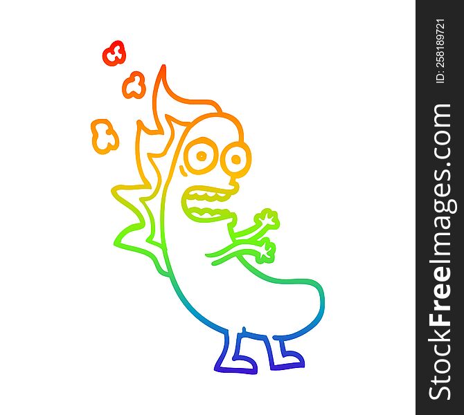 rainbow gradient line drawing of a cartoon flaming hotdog