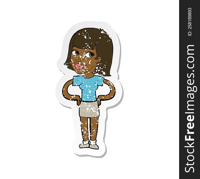 retro distressed sticker of a cartoon happy woman with hands on hips