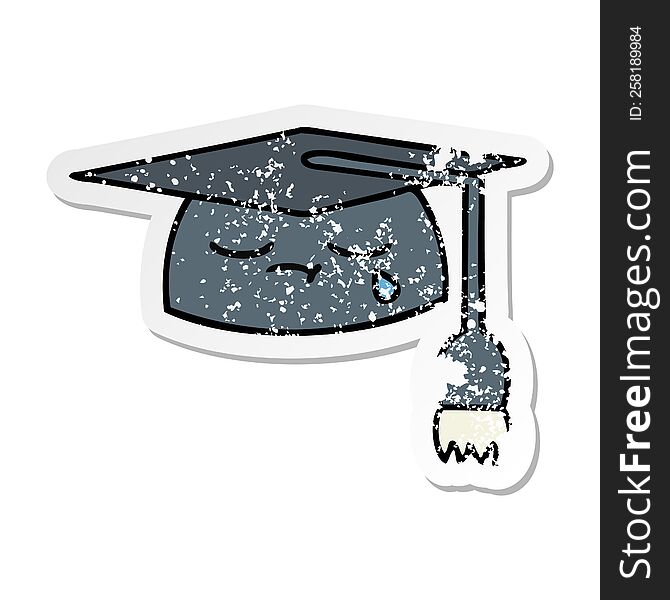 distressed sticker of a cute cartoon graduation hat
