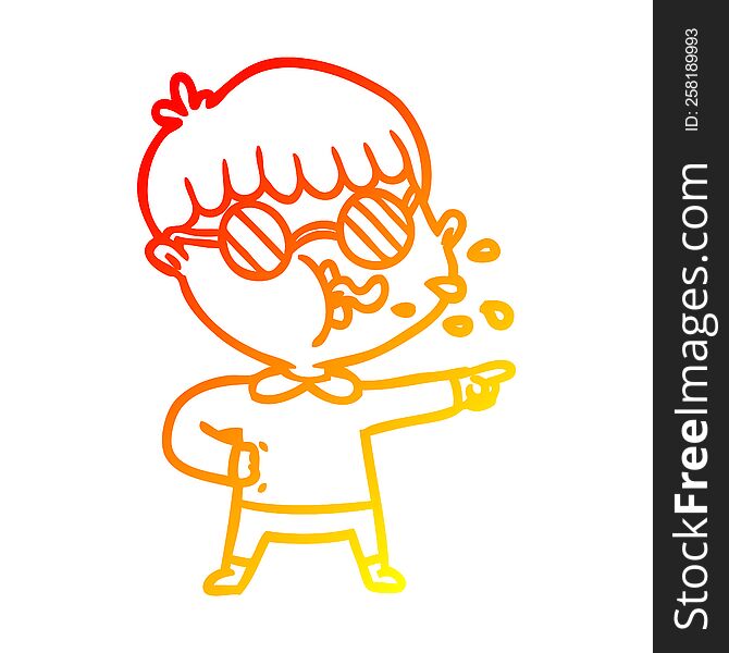 warm gradient line drawing of a cartoon boy wearing spectacles and pointing