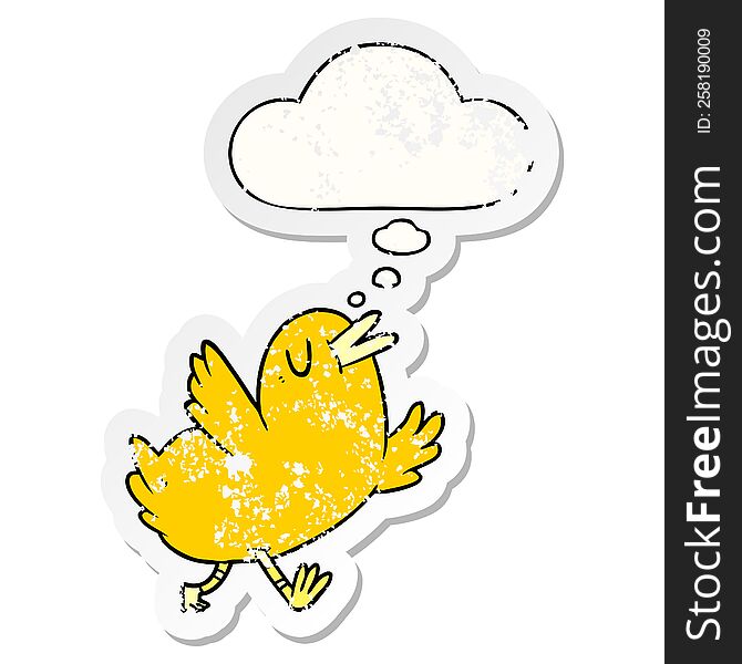 Cartoon Happy Bird And Thought Bubble As A Distressed Worn Sticker