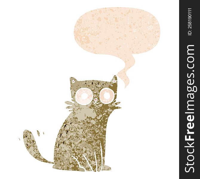 cartoon cat with speech bubble in grunge distressed retro textured style. cartoon cat with speech bubble in grunge distressed retro textured style