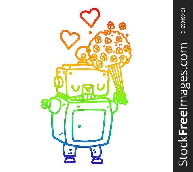 rainbow gradient line drawing of a cartoon robot in love