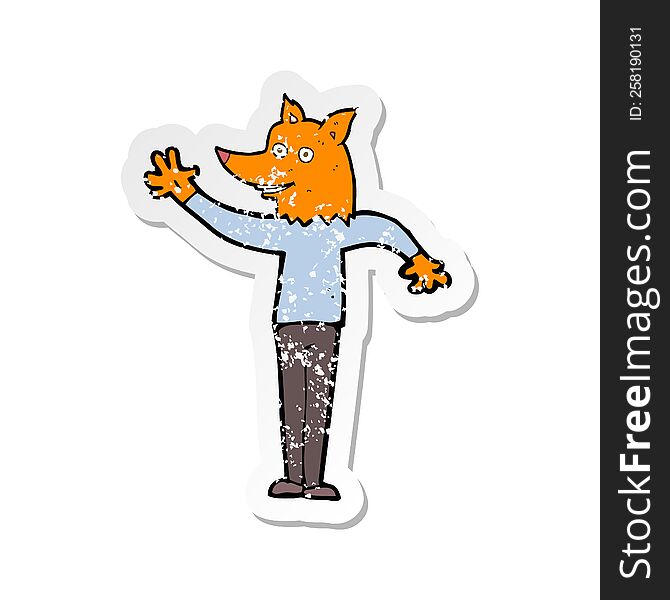 Retro Distressed Sticker Of A Cartoon Waving Fox Man