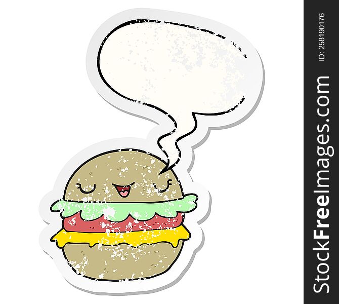 cartoon burger with speech bubble distressed distressed old sticker. cartoon burger with speech bubble distressed distressed old sticker
