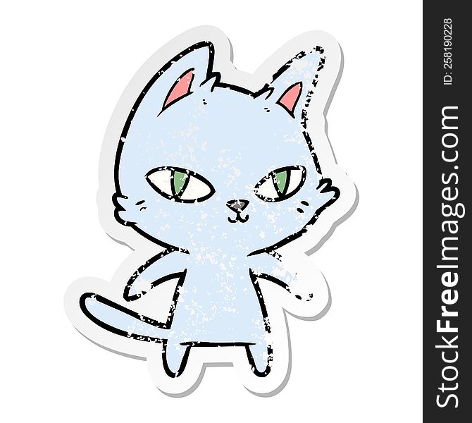 distressed sticker of a cartoon cat staring