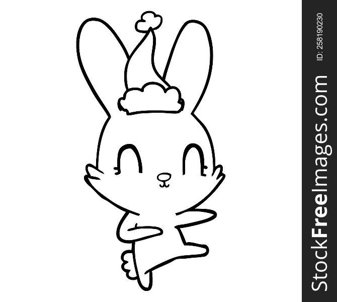 Cute Line Drawing Of A Rabbit Dancing Wearing Santa Hat