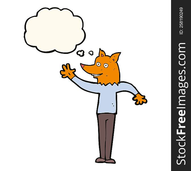 Cartoon Waving Fox Man With Thought Bubble