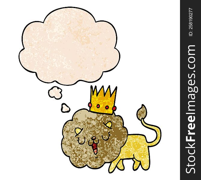 Cartoon Lion With Crown And Thought Bubble In Grunge Texture Pattern Style