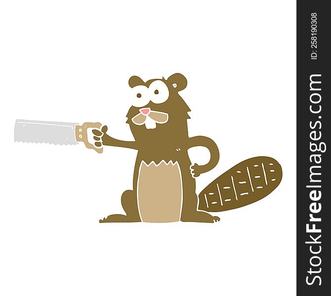Flat Color Illustration Of A Cartoon Beaver With Saw