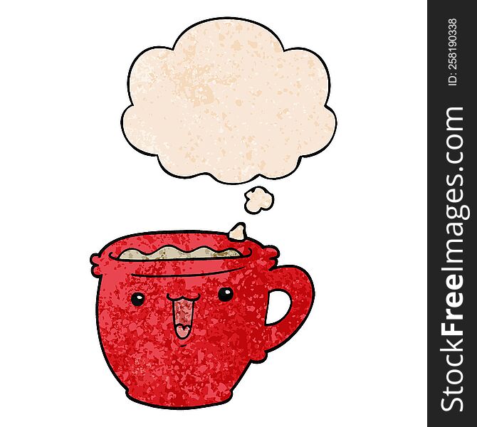 Cute Cartoon Coffee Cup And Thought Bubble In Grunge Texture Pattern Style