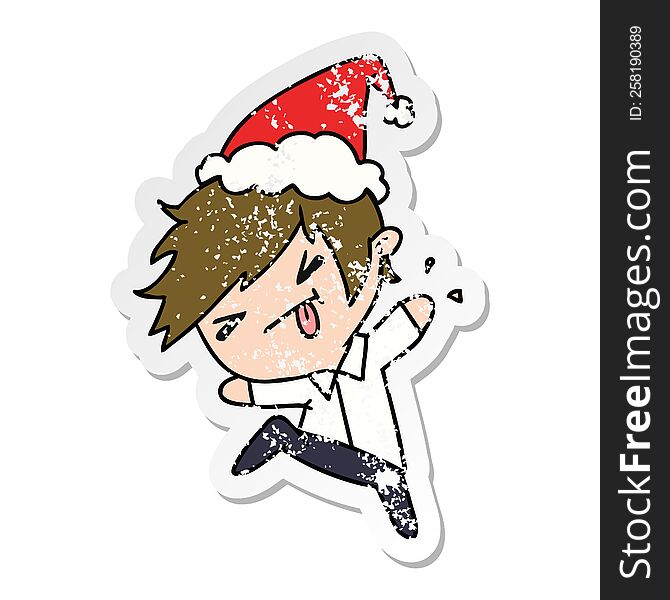 Christmas Distressed Sticker Cartoon Of Kawaii Boy