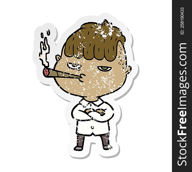 distressed sticker of a cartoon man smoking