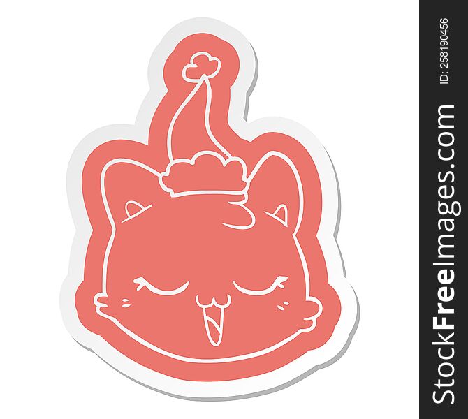 Cartoon  Sticker Of A Cat Face Wearing Santa Hat
