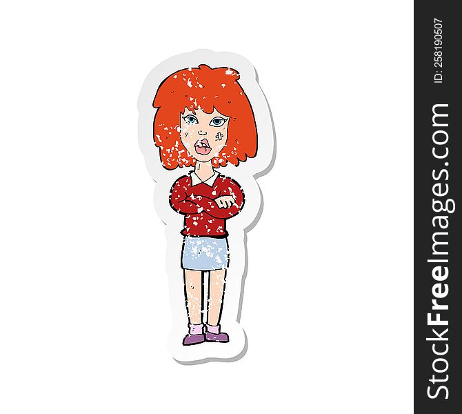 Retro Distressed Sticker Of A Cartoon Tough Woman With Folded Arms