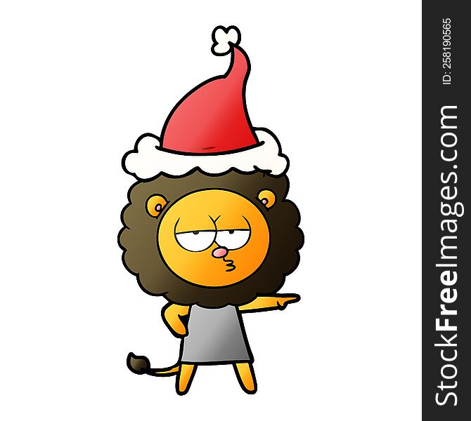 hand drawn gradient cartoon of a bored lion wearing santa hat