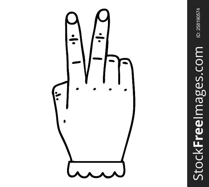 Black and White Tattoo linework Style hand raising two fingers gesture. Black and White Tattoo linework Style hand raising two fingers gesture