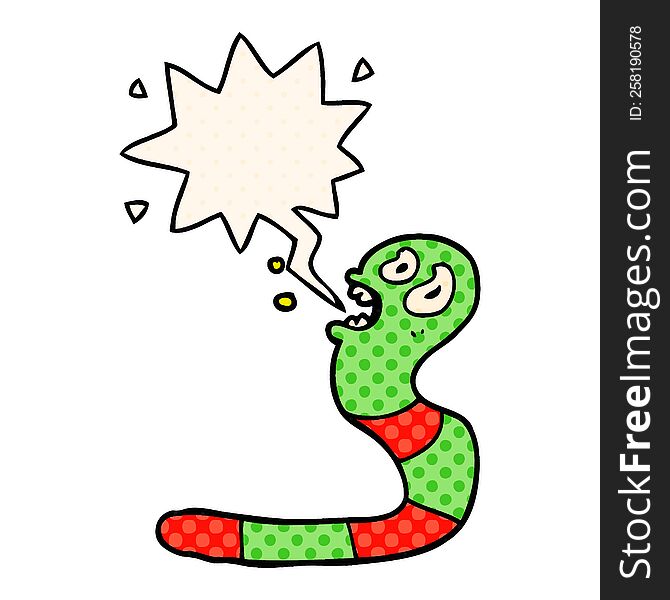 cartoon frightened worm with speech bubble in comic book style