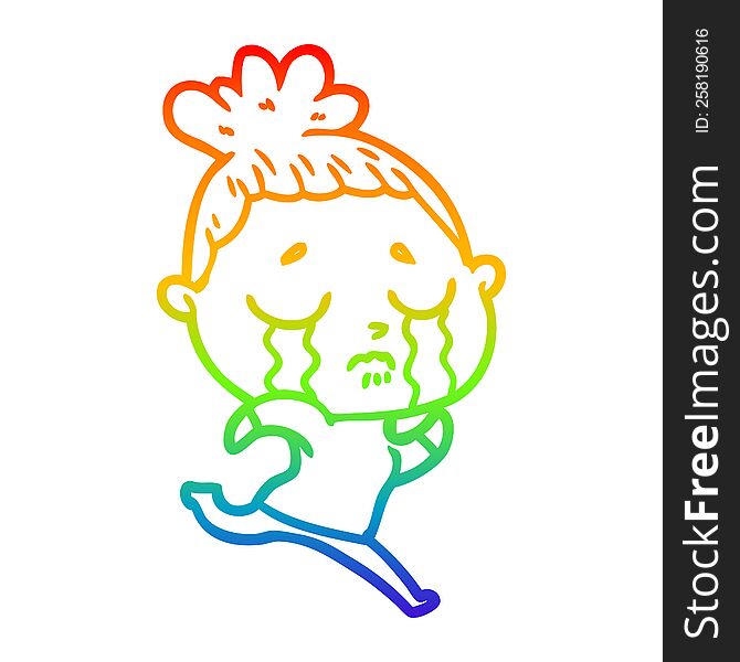 rainbow gradient line drawing of a cartoon crying woman running away