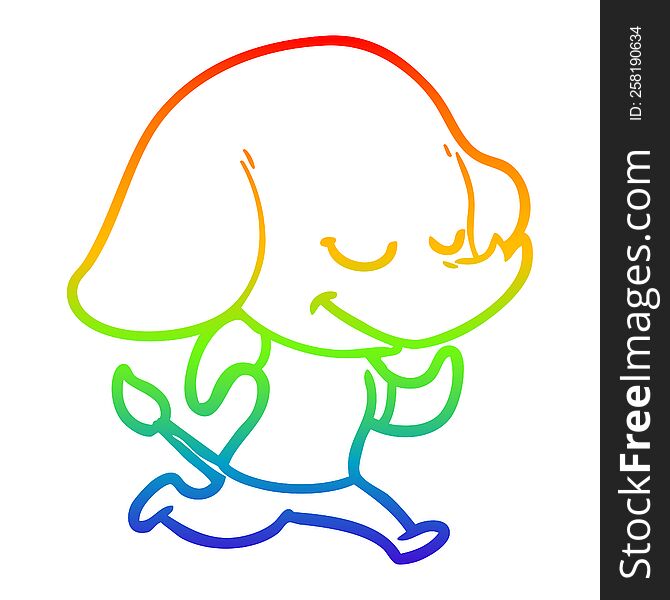 Rainbow Gradient Line Drawing Cartoon Smiling Elephant Running
