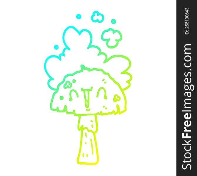 Cold Gradient Line Drawing Cartoon Mushroom With Spoor Cloud