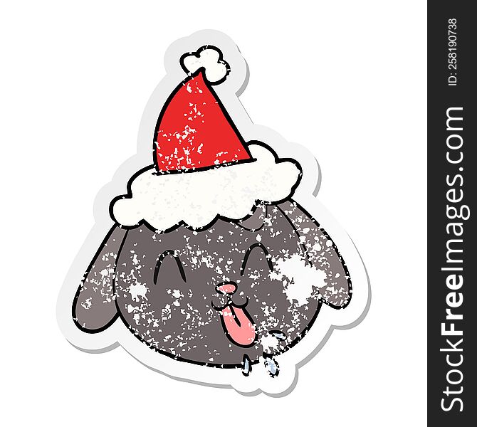 Distressed Sticker Cartoon Of A Dog Face Wearing Santa Hat