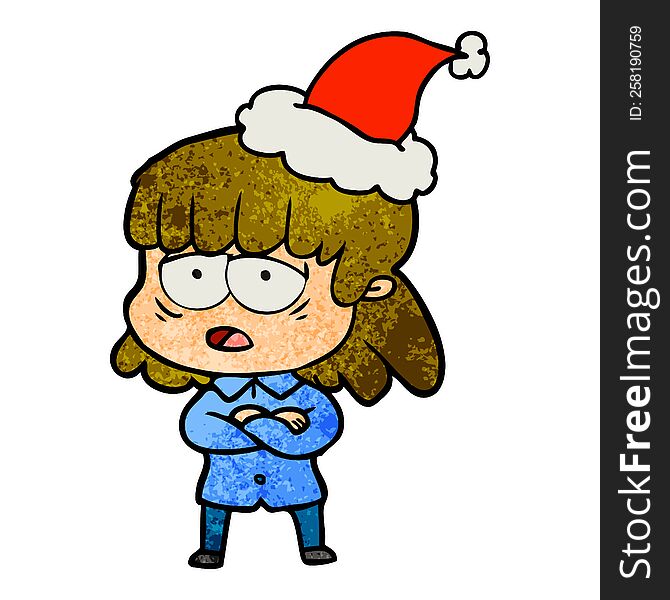 Textured Cartoon Of A Tired Woman Wearing Santa Hat