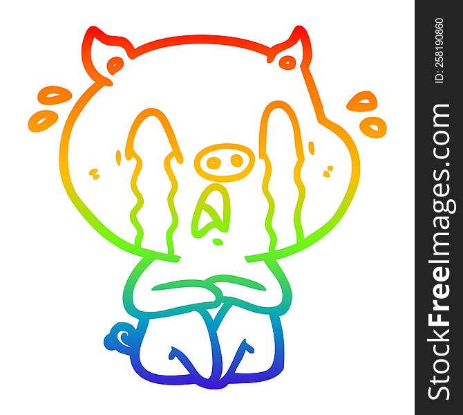 rainbow gradient line drawing of a crying pig cartoon
