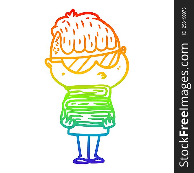 rainbow gradient line drawing of a cartoon boy wearing sunglasses with stack of books