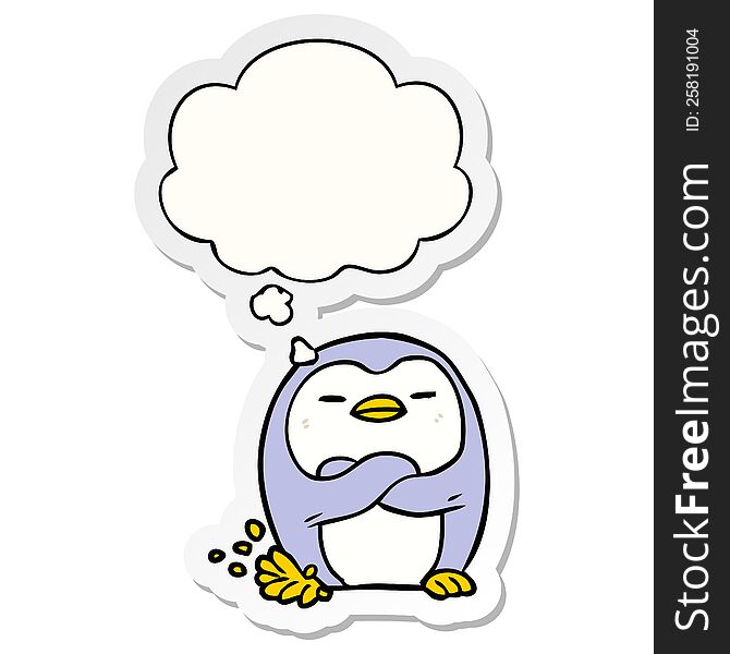 cartoon penguin tapping foot with thought bubble as a printed sticker