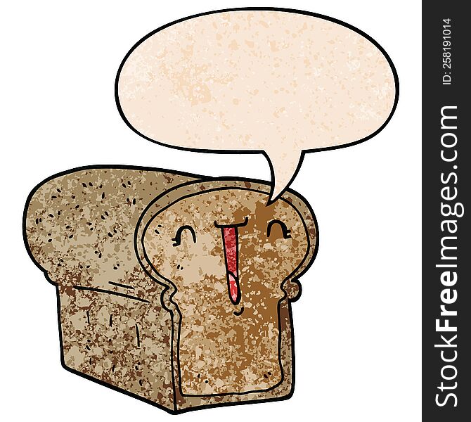 cute cartoon loaf of bread with speech bubble in retro texture style