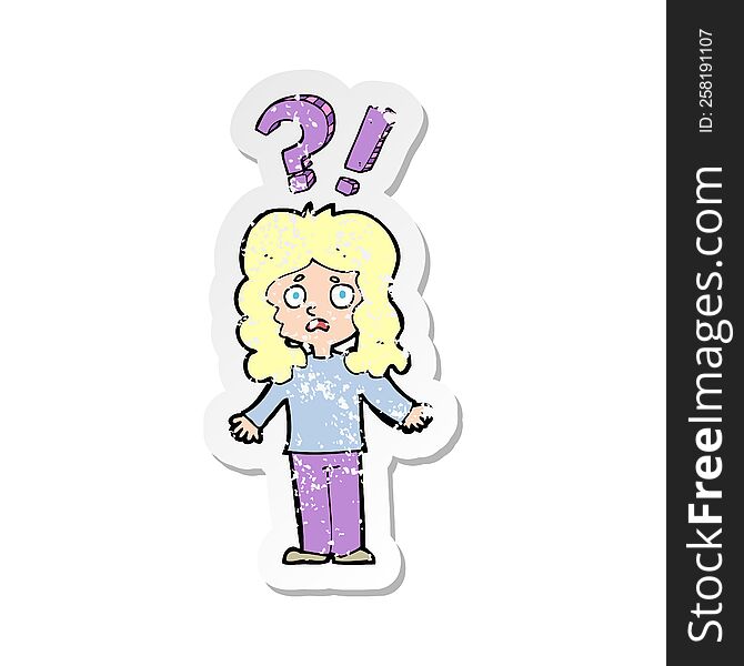 Retro Distressed Sticker Of A Cartoon Confused Woman