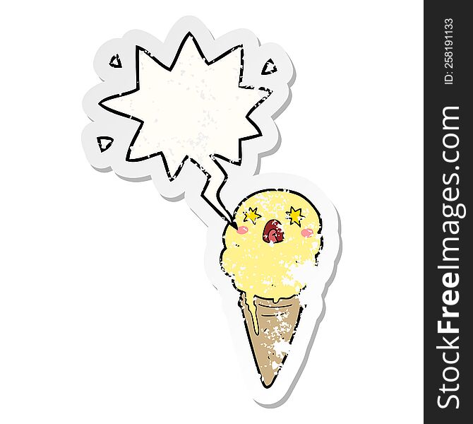 Cartoon Shocked Ice Cream And Speech Bubble Distressed Sticker