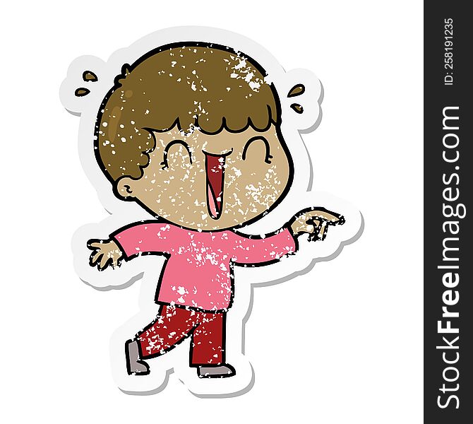 Distressed Sticker Of A Laughing Cartoon Man Pointing
