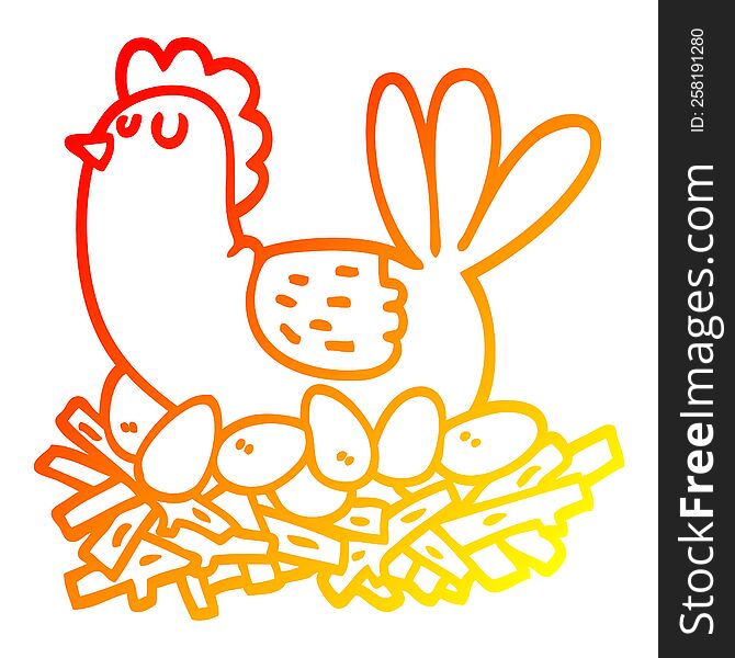 warm gradient line drawing of a cartoon chicken on nest of eggs