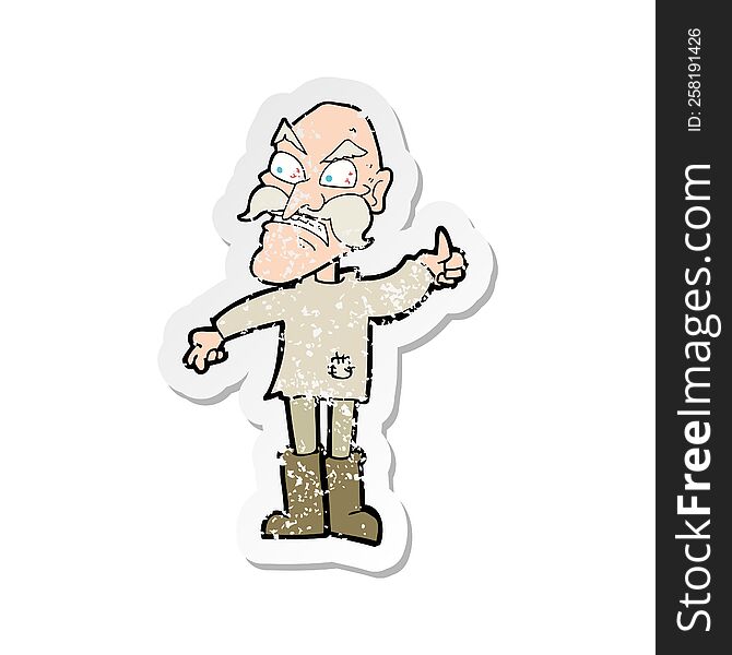 retro distressed sticker of a cartoon angry old man in patched clothing