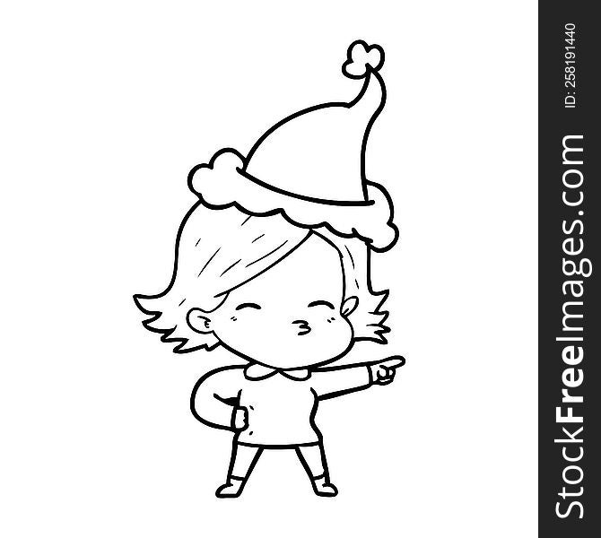 hand drawn line drawing of a woman pointing wearing santa hat