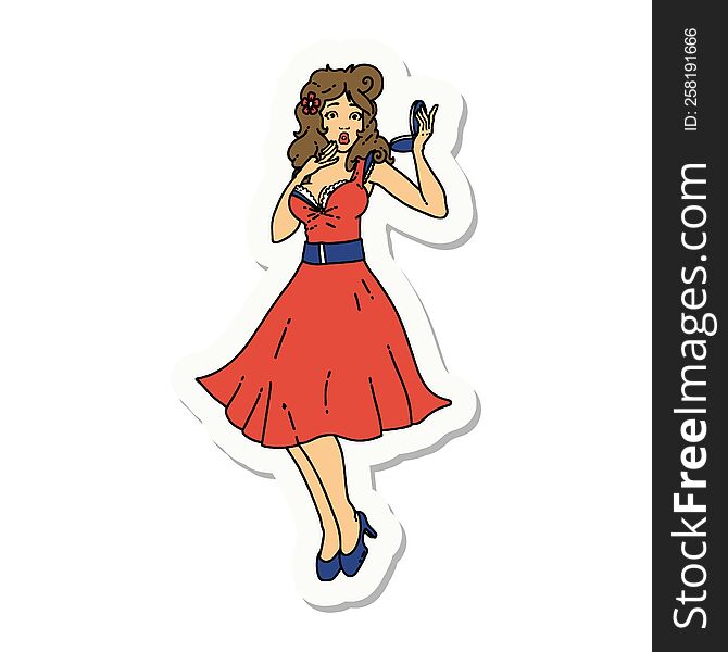 sticker of tattoo in traditional style of a pinup surprised girl. sticker of tattoo in traditional style of a pinup surprised girl