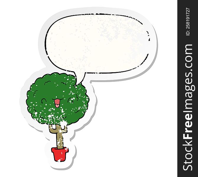 Cartoon Happy Tree And Speech Bubble Distressed Sticker