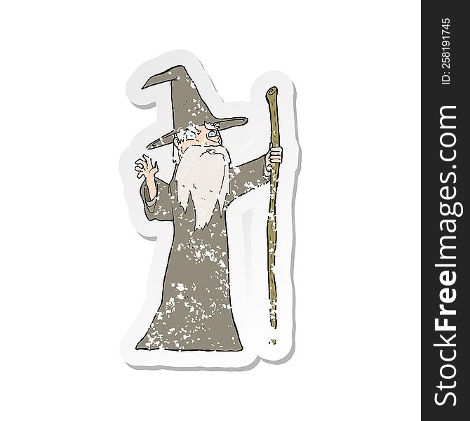 Retro Distressed Sticker Of A Cartoon Old Wizard