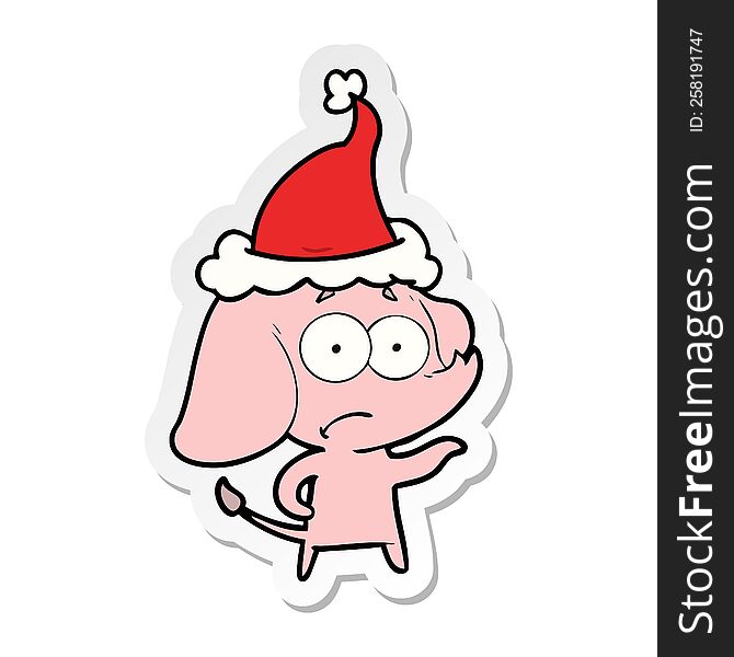 Sticker Cartoon Of A Unsure Elephant Wearing Santa Hat