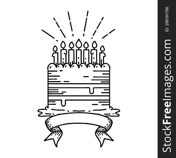 scroll banner with black line work tattoo style birthday cake