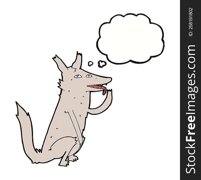 cartoon wolf licking paw with thought bubble