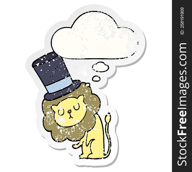 Cute Cartoon Lion Wearing Top Hat And Thought Bubble As A Distressed Worn Sticker