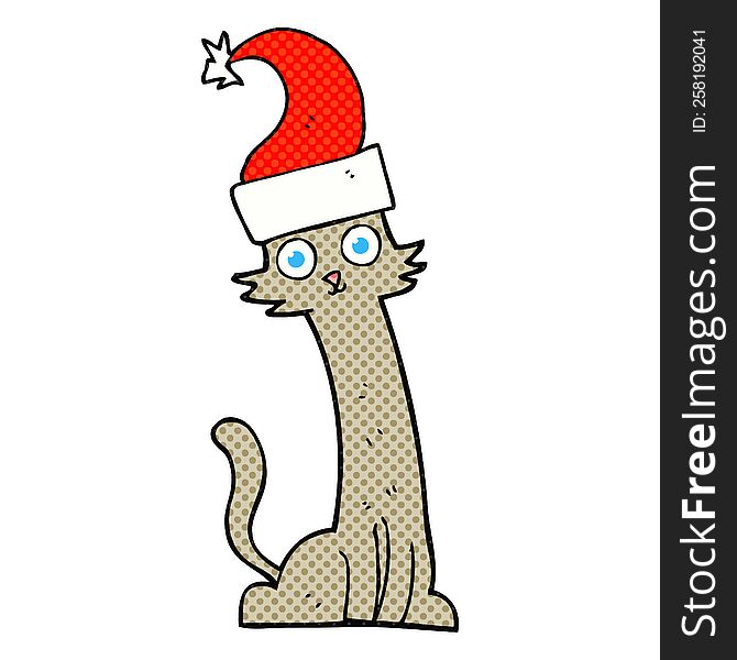 freehand drawn cartoon cat in christmas hat