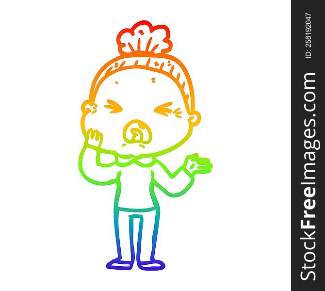 Rainbow Gradient Line Drawing Cartoon Angry Old Woman