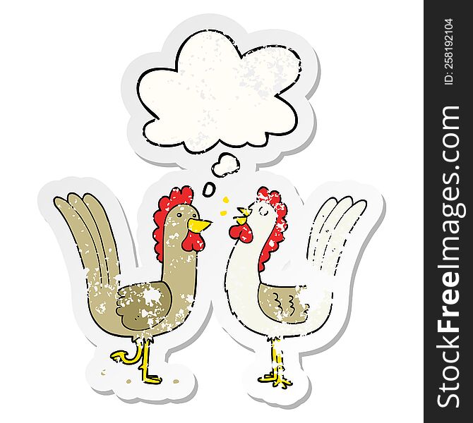 cartoon chickens with thought bubble as a distressed worn sticker