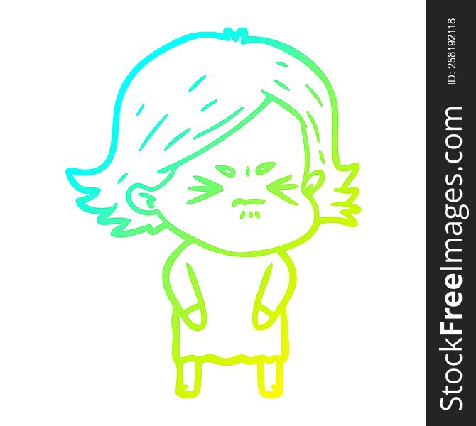 cold gradient line drawing of a cartoon angry girl